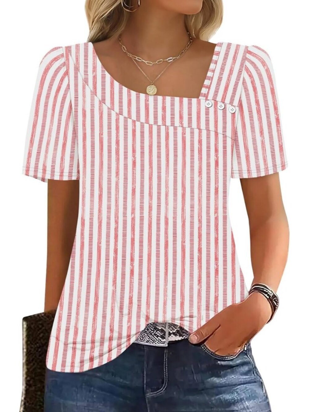 Women's Stripes Pink Square Neck Blouse Summer Casual Short Sleeve Spring Top